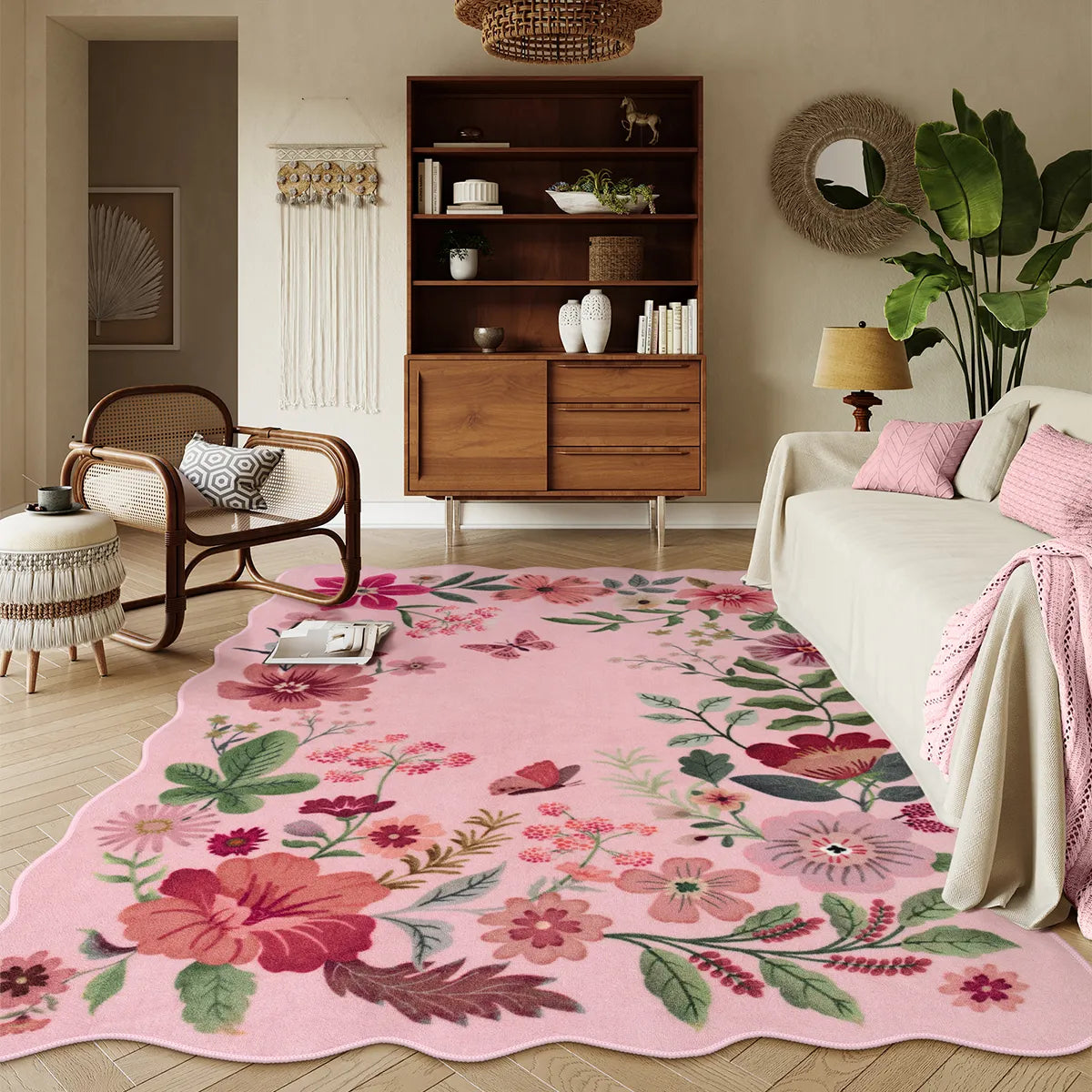 Flore Washable Boho Modern Parisian Floral Pink Rug Area Rugs Lahome 5' x 7'