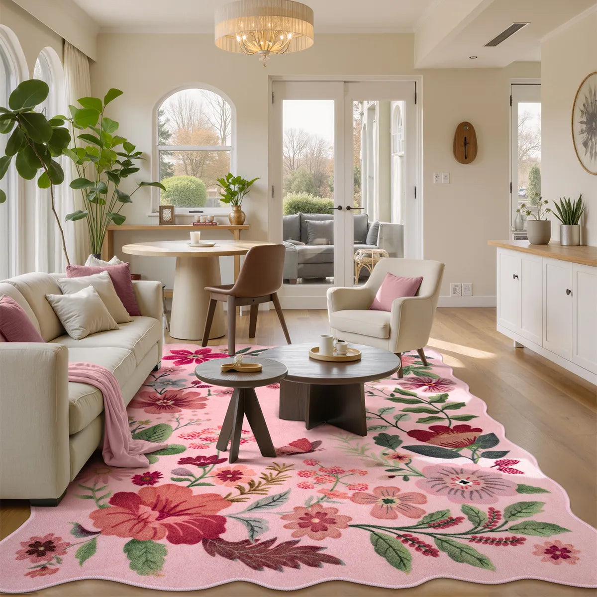 Flore Washable Boho Modern Parisian Floral Scalloped Pink Rug Area Rugs Lahome