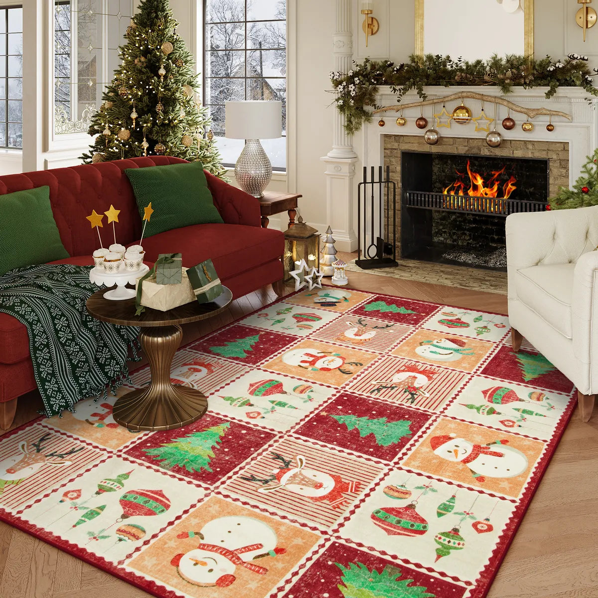 Christmas Washable Snowman and Tree Checkered Red Rug Area Rugs Lahome 5' x 7'