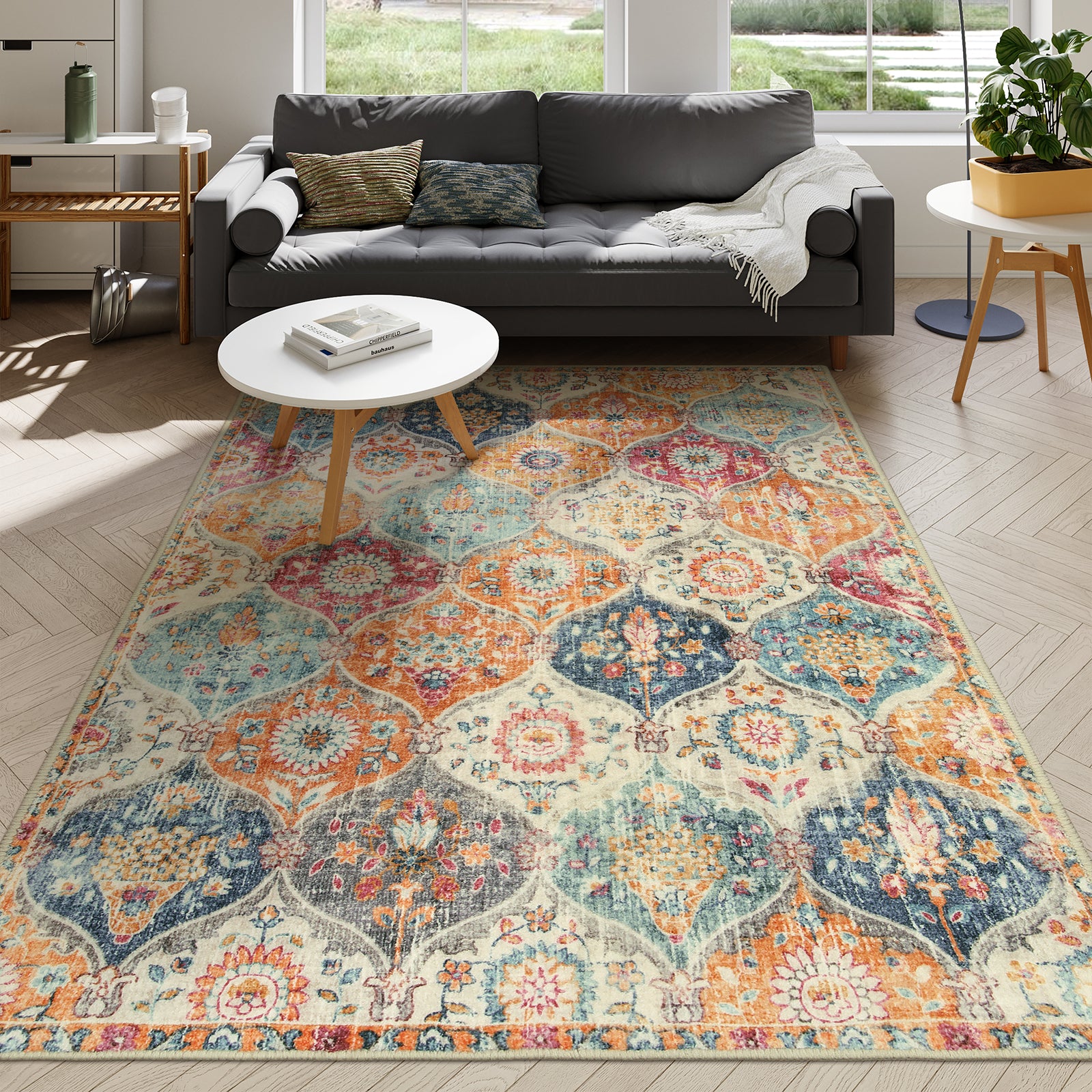 Elise Washable Ultra-thin Vintage Floral Moroccan Trellis Red & Orange Rug Area Rugs Lahome