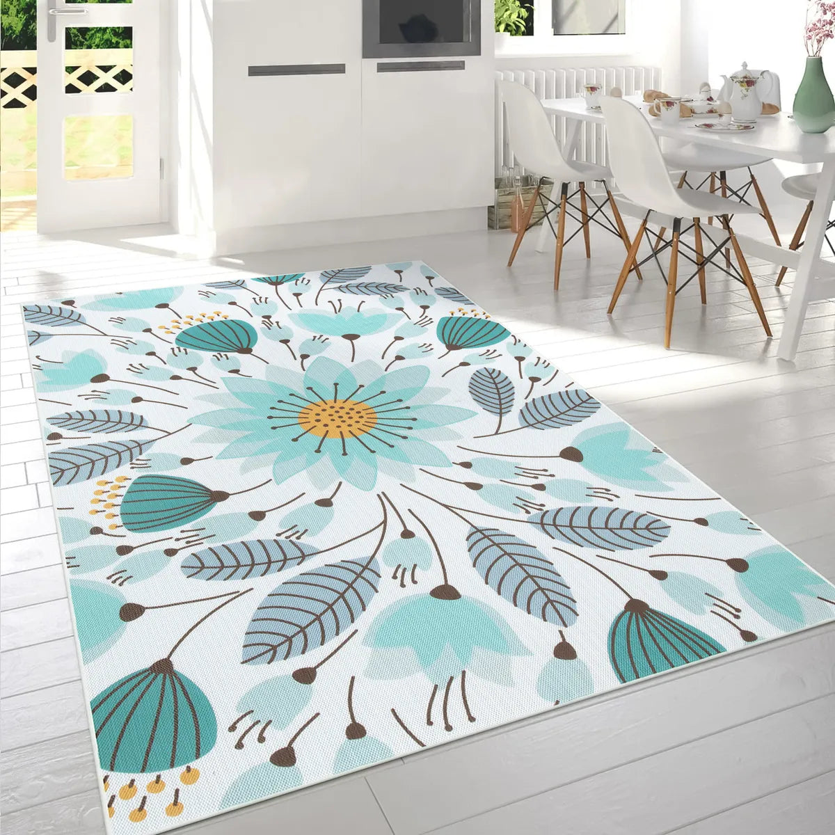 Soleil Washable Floral Blue Indoor Outdoor Rug Outdoor Rugs Lahome 5' x 8'