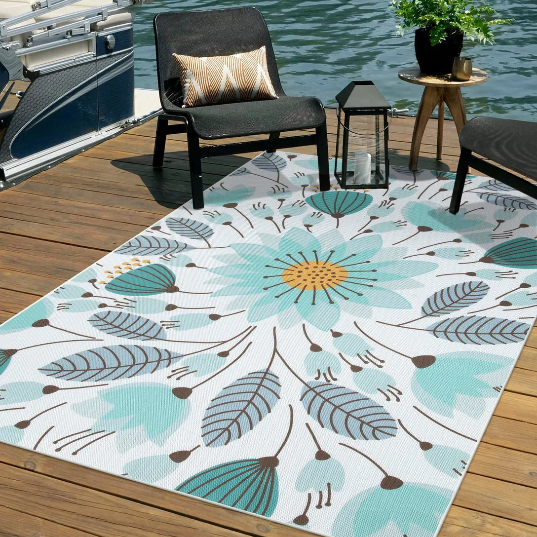 Soleil Washable Floral Blue Indoor Outdoor Rug Outdoor Rugs Lahome