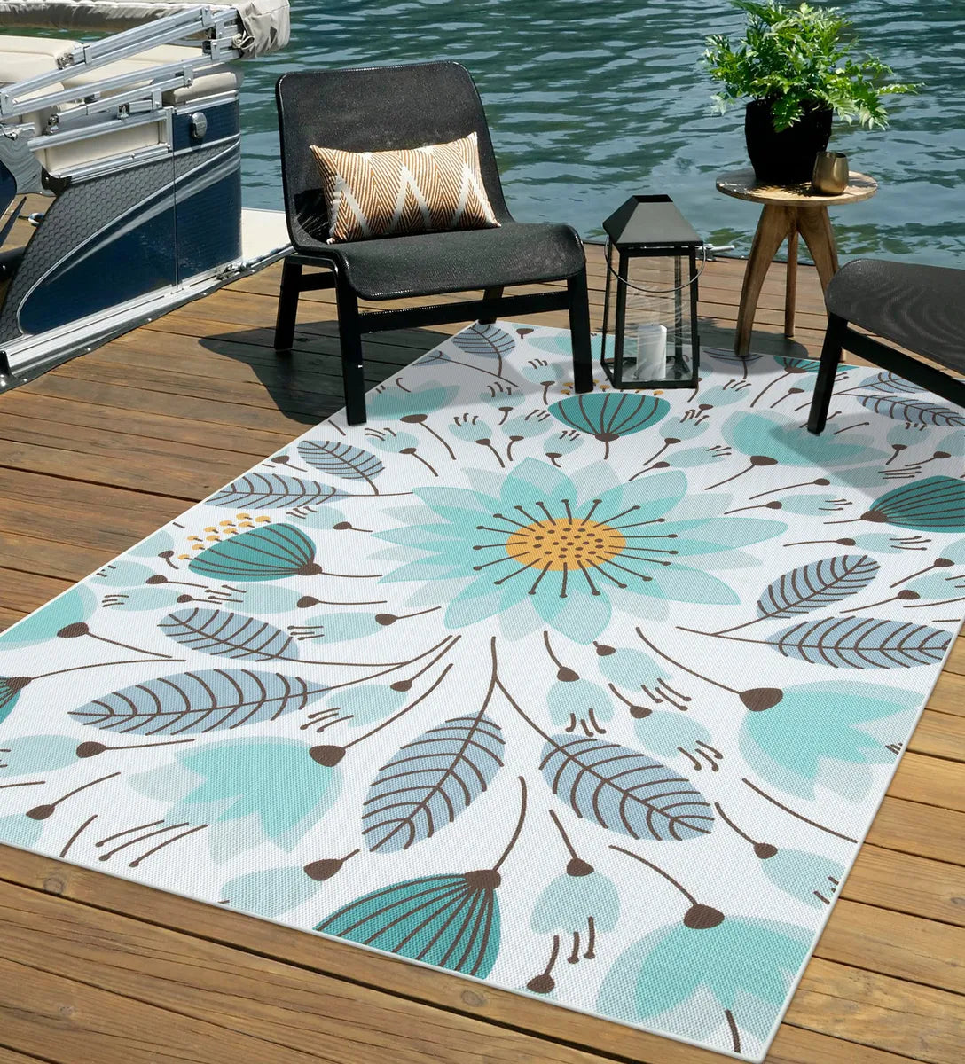Soleil Washable Floral Blue Indoor Outdoor Rug Outdoor Rugs Lahome