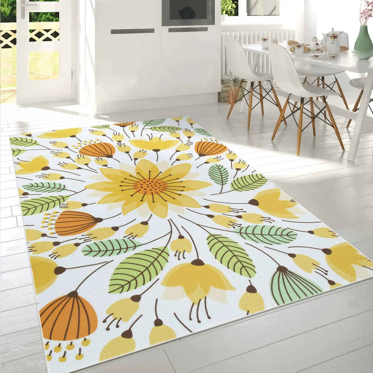 Soleil Washable Floral Yellow Indoor Outdoor Rug Outdoor Rugs Lahome 5' x 8'