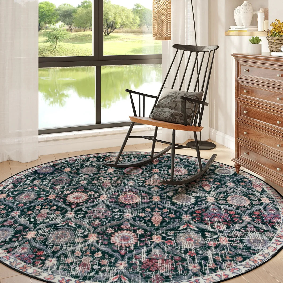 Elise Ultra-thin Transitional Vintage Floral Moroccan Trellis Black Rug