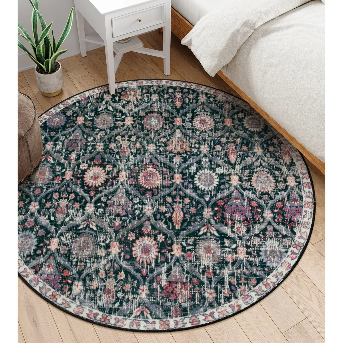 Elise Ultra-thin Transitional Vintage Floral Moroccan Trellis Black Rug