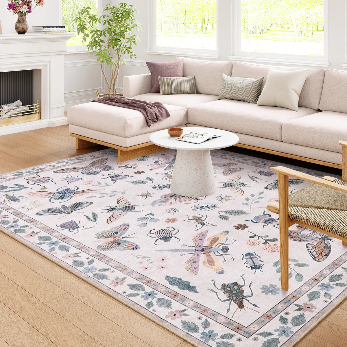 Vionnet Washable Modern Parisian Insect Light Pink Rug1 Area Rugs Lahome 5' x 7'