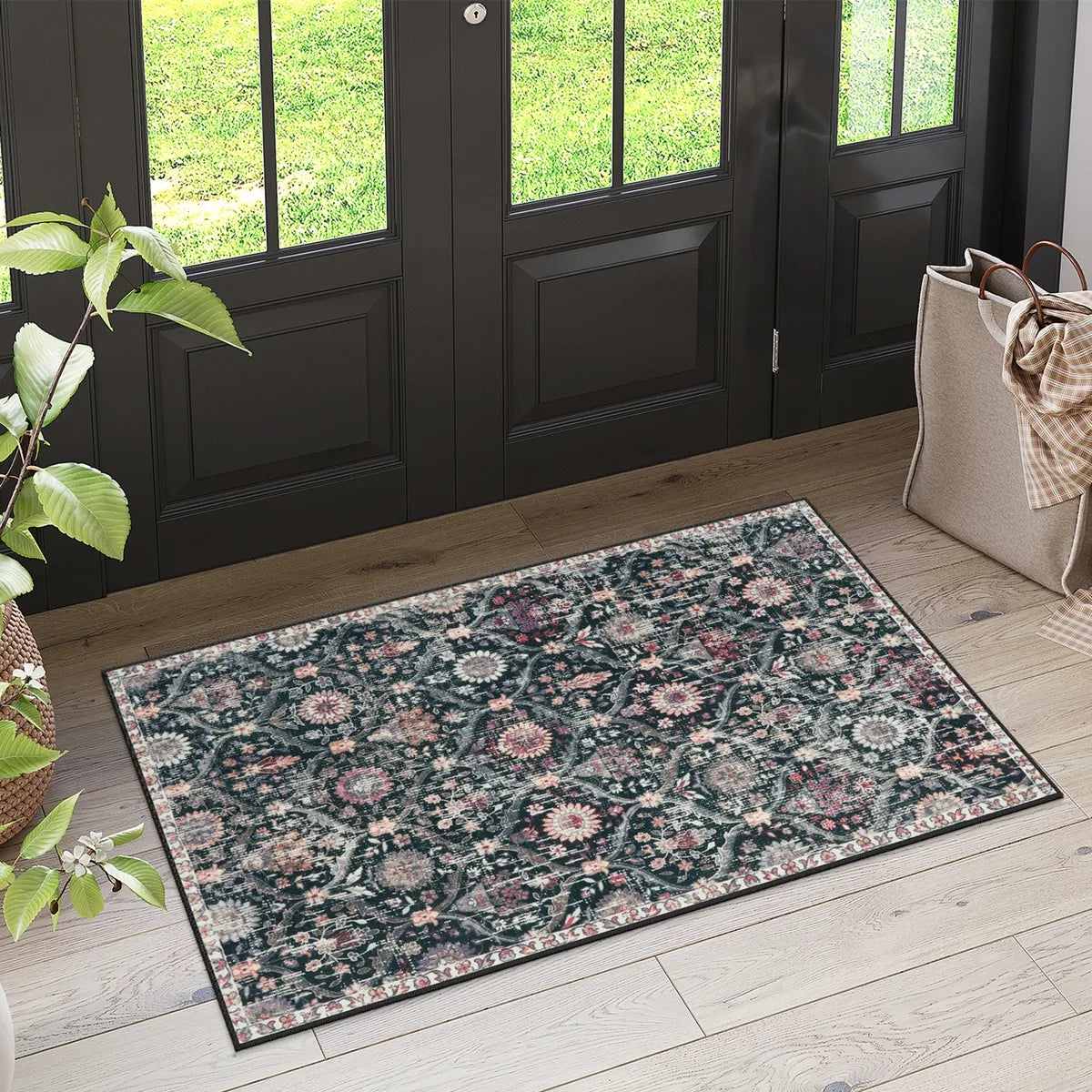 Elise Washable Ultra-thin Vintage Floral Moroccan Trellis Black Rug Area Rugs Lahome