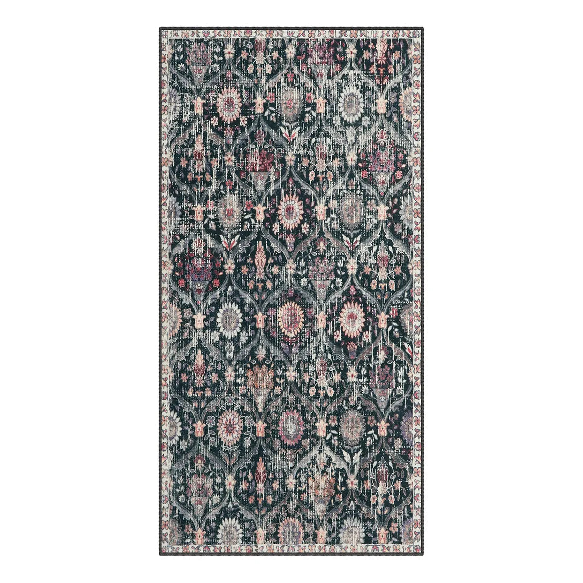 Elise Washable Ultra-thin Vintage Floral Moroccan Trellis Black Rug Area Rugs Lahome