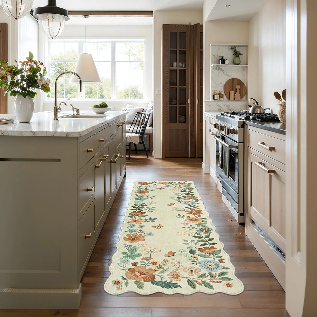 Flore Washable Boho Modern Parisian Floral Scalloped Beige Rug Area Rugs Lahome