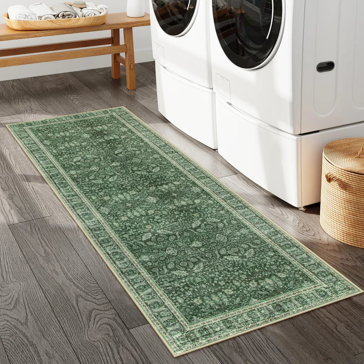 Odette Washable Boho Vintage Border Floral Green Runner Rug Runner Rug Lahome