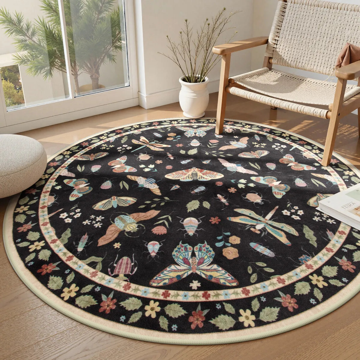 Vionnet Washable Modern Parisian Insect Black Rug Area Rugs Lahome 6' Round