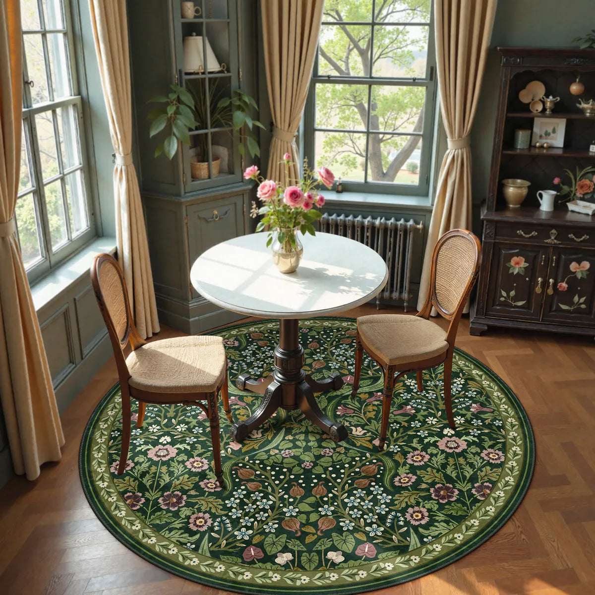 Claude Washable Maximalism Vibrant Blossom Floral Dark Green Rug Area Rugs Lahome