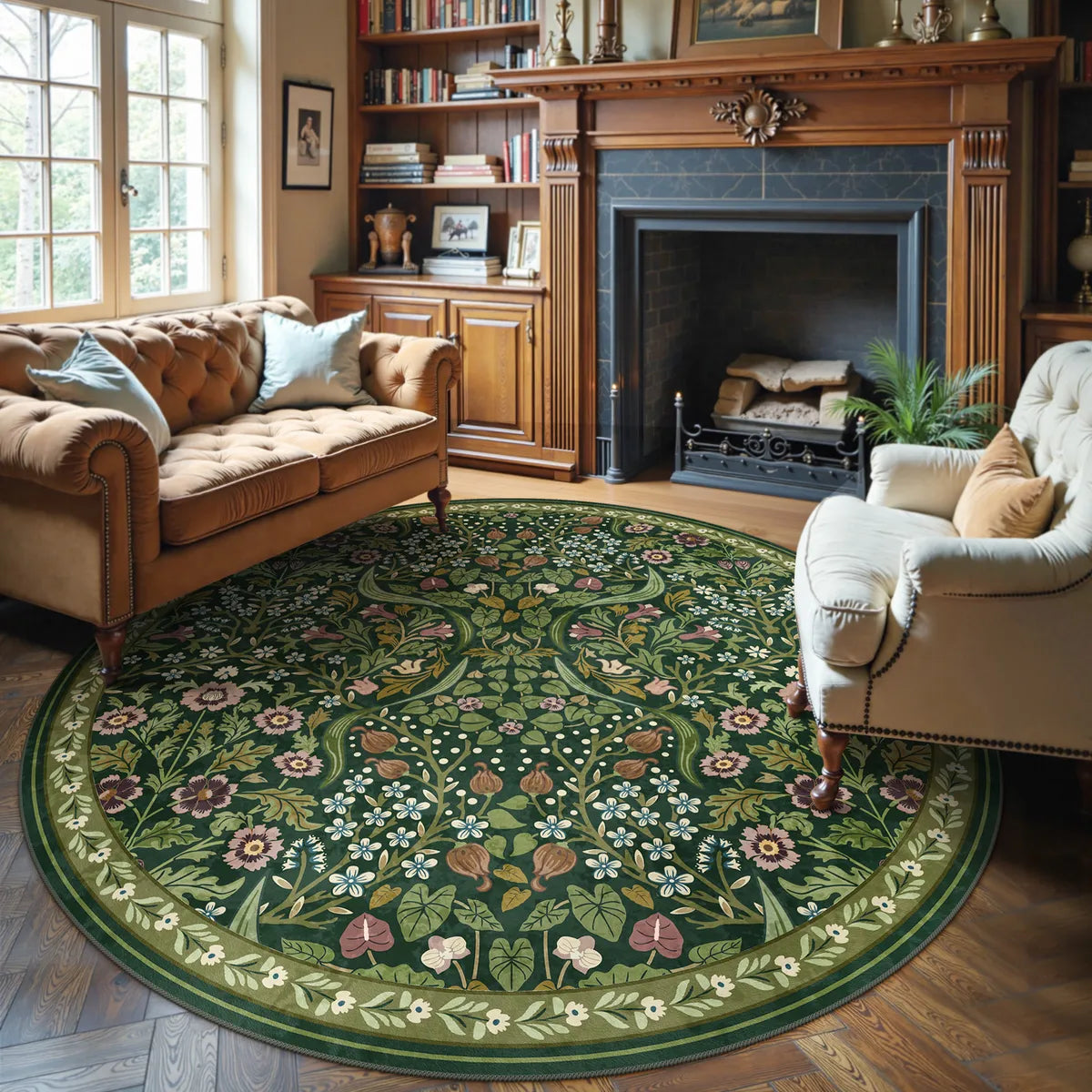 Lahome Washable Maximalism Vibrant Blossom Floral Dark Green Round Rug for Living Room with Botanical Design.