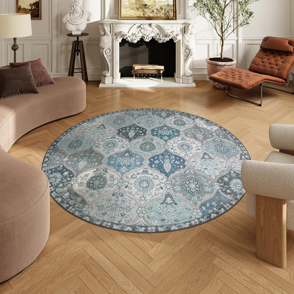 Elise Washable Ultra-thin Transitional Vintage Floral Moroccan Trellis Blue Rug Area Rugs Lahome 6' Round
