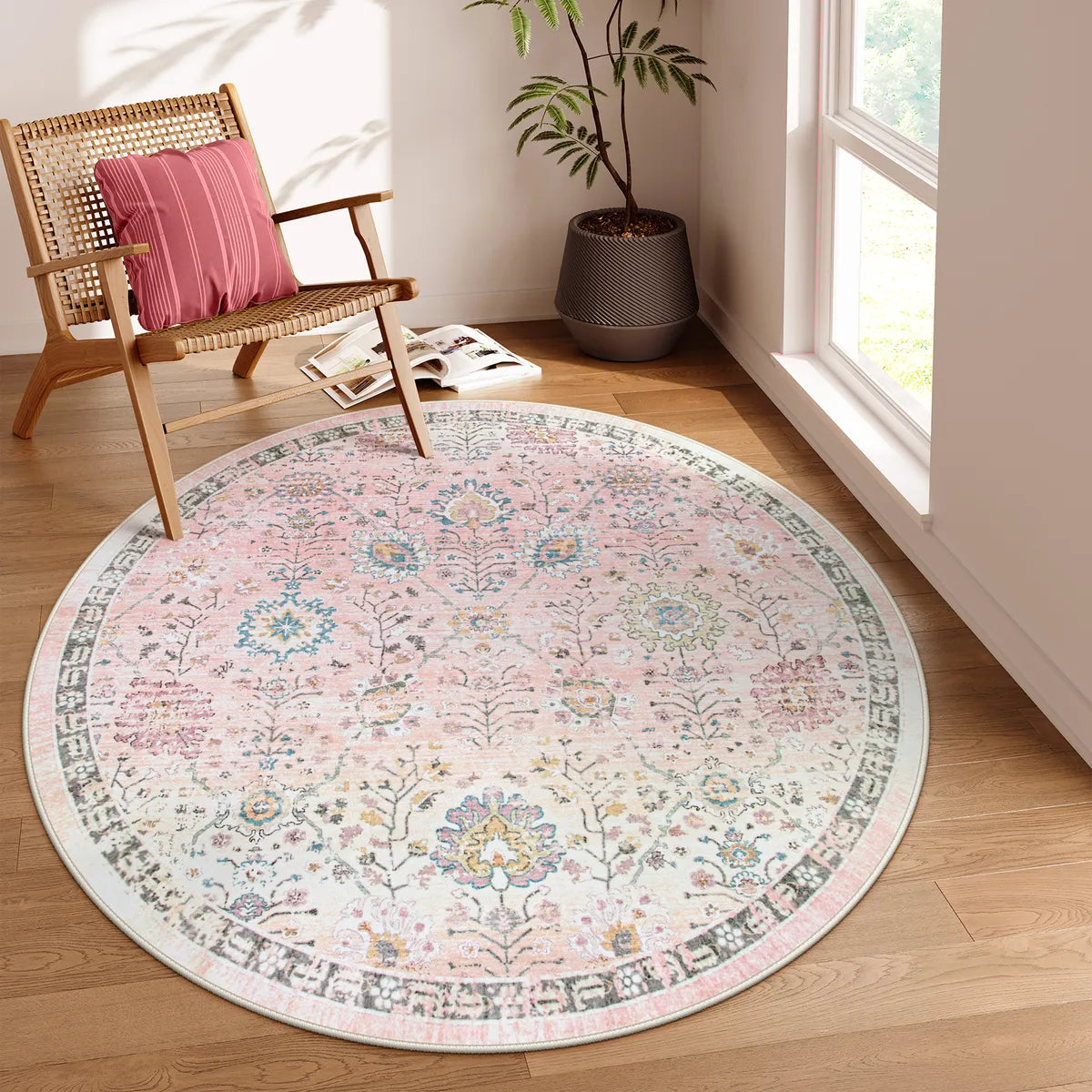 Flavie Washable Boho Parisian Floral Aesthetic Pink Rug Area Rugs Lahome