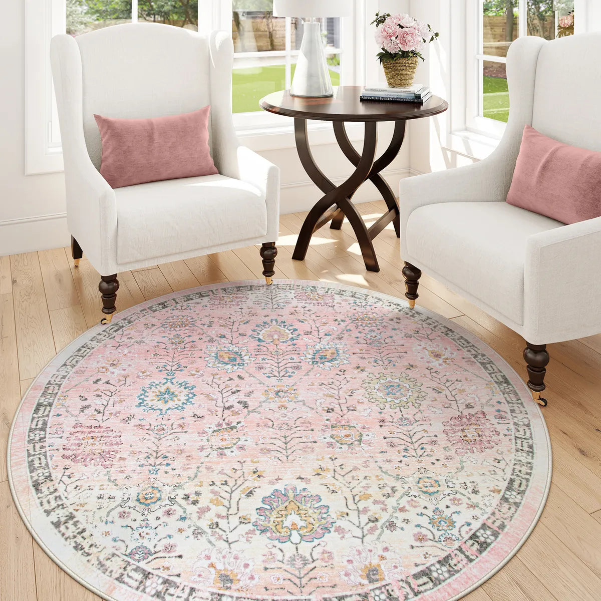 Flavie Washable Boho Parisian Floral Aesthetic Pink Rug Area Rugs Lahome