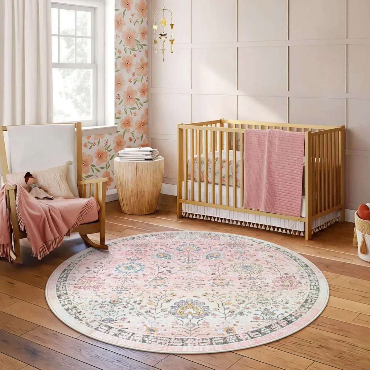 Flavie Washable Boho Parisian Floral Aesthetic Pink Rug Area Rugs Lahome 6' Round