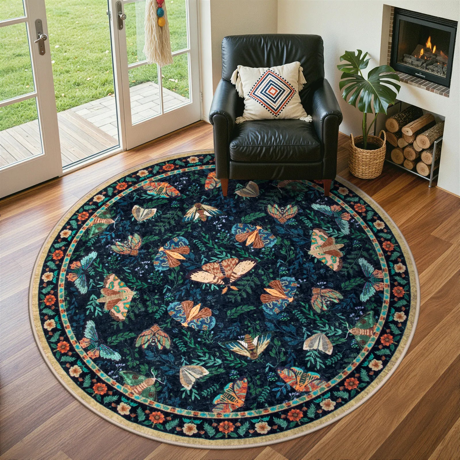Villette Washable Vintage Botanical Insect Blue Rug Area Rugs Lahome 6' Round