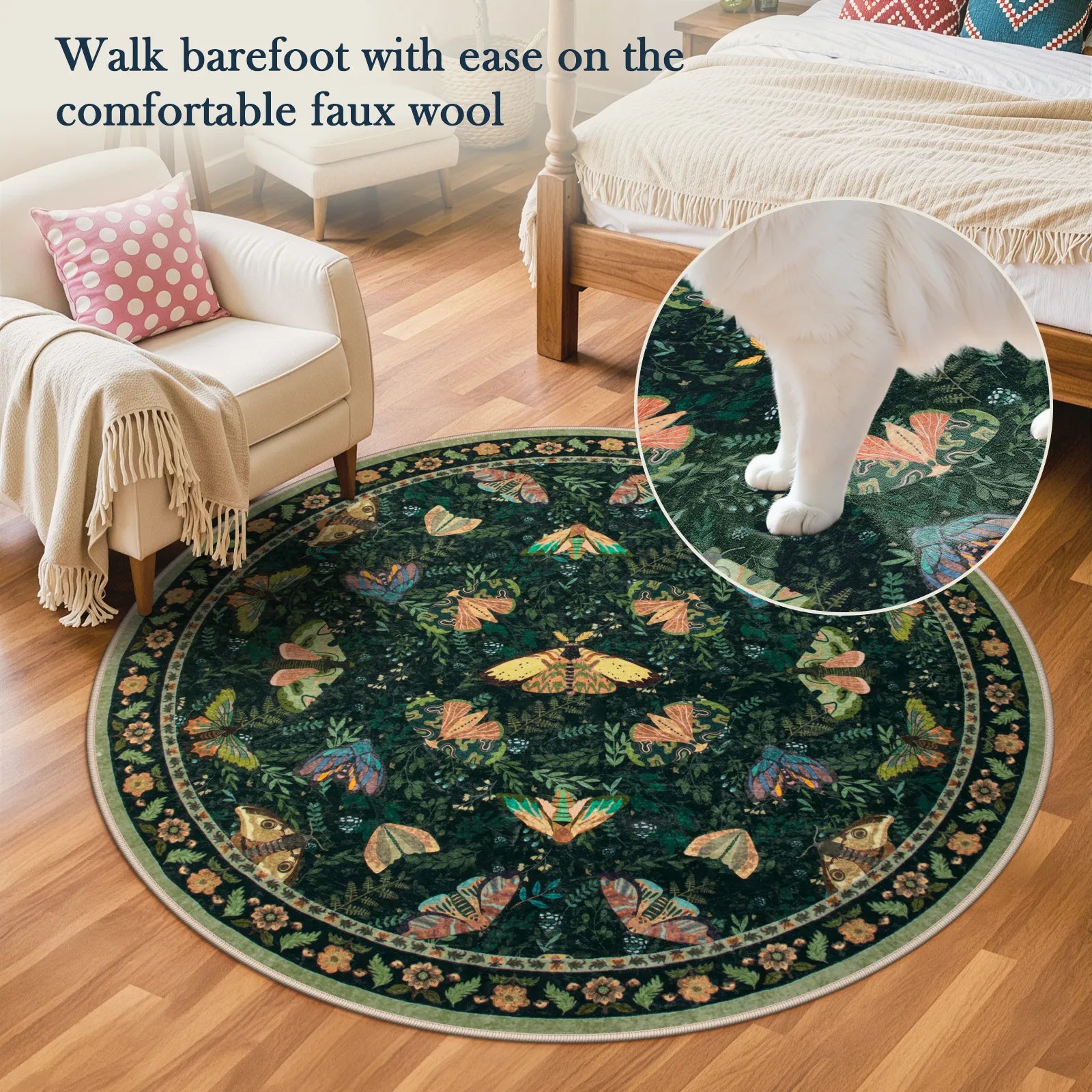 Villette Washable Vintage Botanical Insect Green Rug Area Rugs Lahome 6' Round