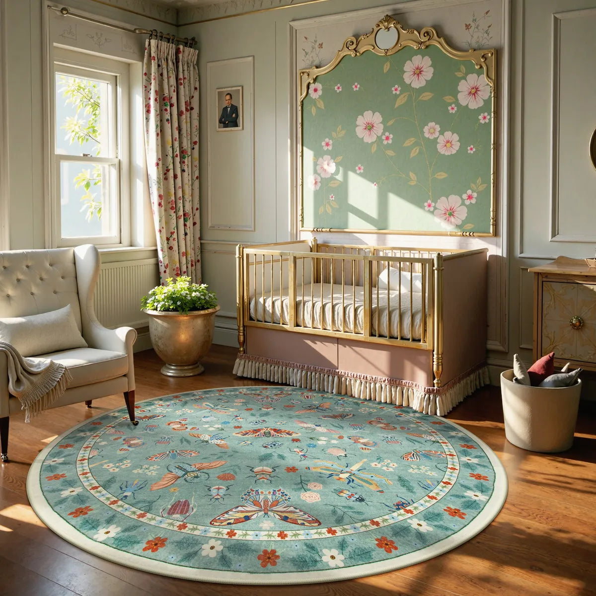 Vionnet Washable Modern Parisian Insect Light Green Rug Area Rugs Lahome 6' Round