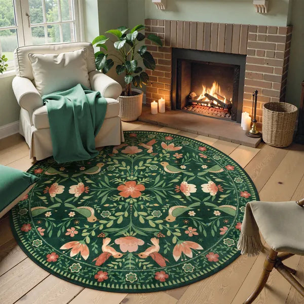 Rosalie Washable Boho Birdsong Floral Garden Green Rug Area Rugs Lahome