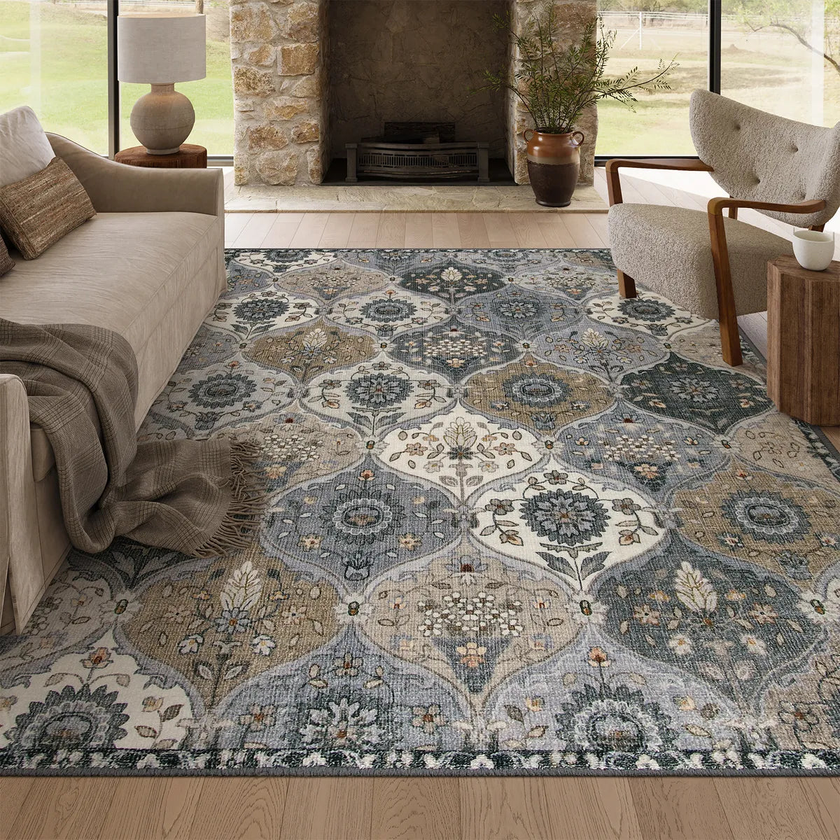 Elise Washable Ultra-thin Vintage Floral Moroccan Trellis Grey Rug Area Rugs Lahome 6' x 9'