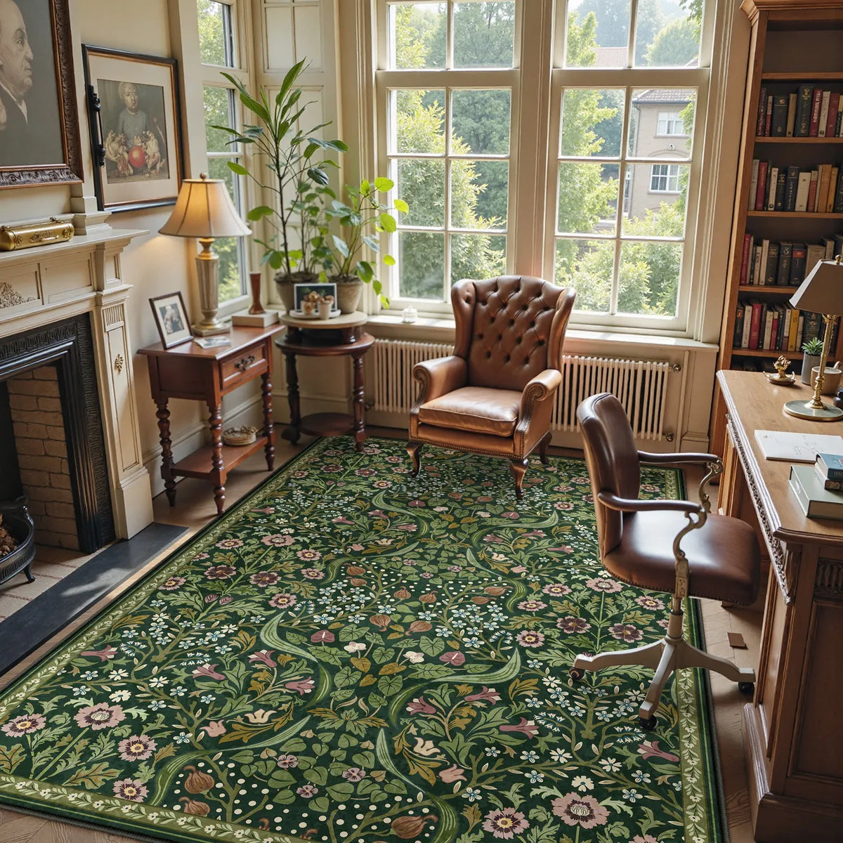 Claude Washable Maximalism Vibrant Blossom Floral Dark Green Rug Area Rugs Lahome