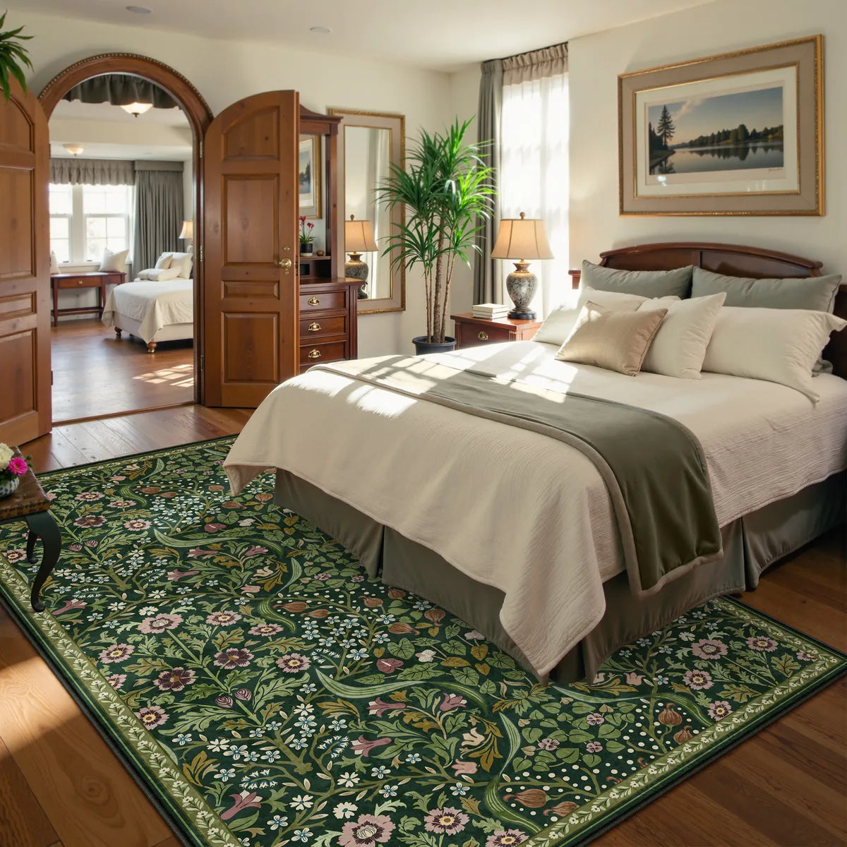 Claude Washable Maximalism Vibrant Blossom Floral Dark Green Rug Area Rugs Lahome 6' x 9'