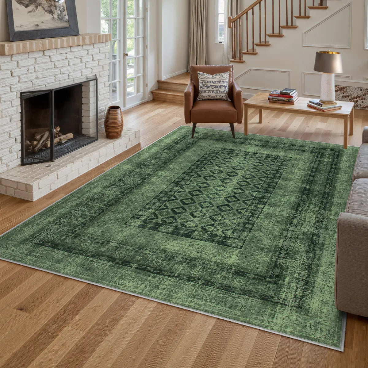 Daisy Washable Vintage Farmhouse Distressed Green Rug Area Rugs Lahome