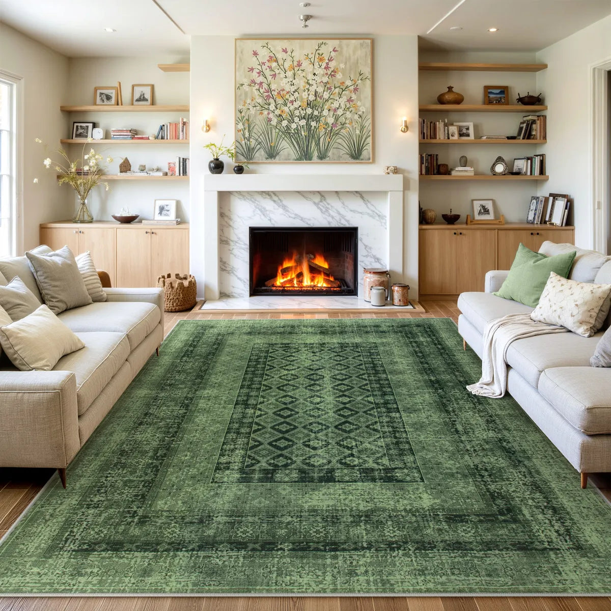 Daisy Washable Vintage Farmhouse Distressed Green Rug Area Rugs Lahome 6' x 9'