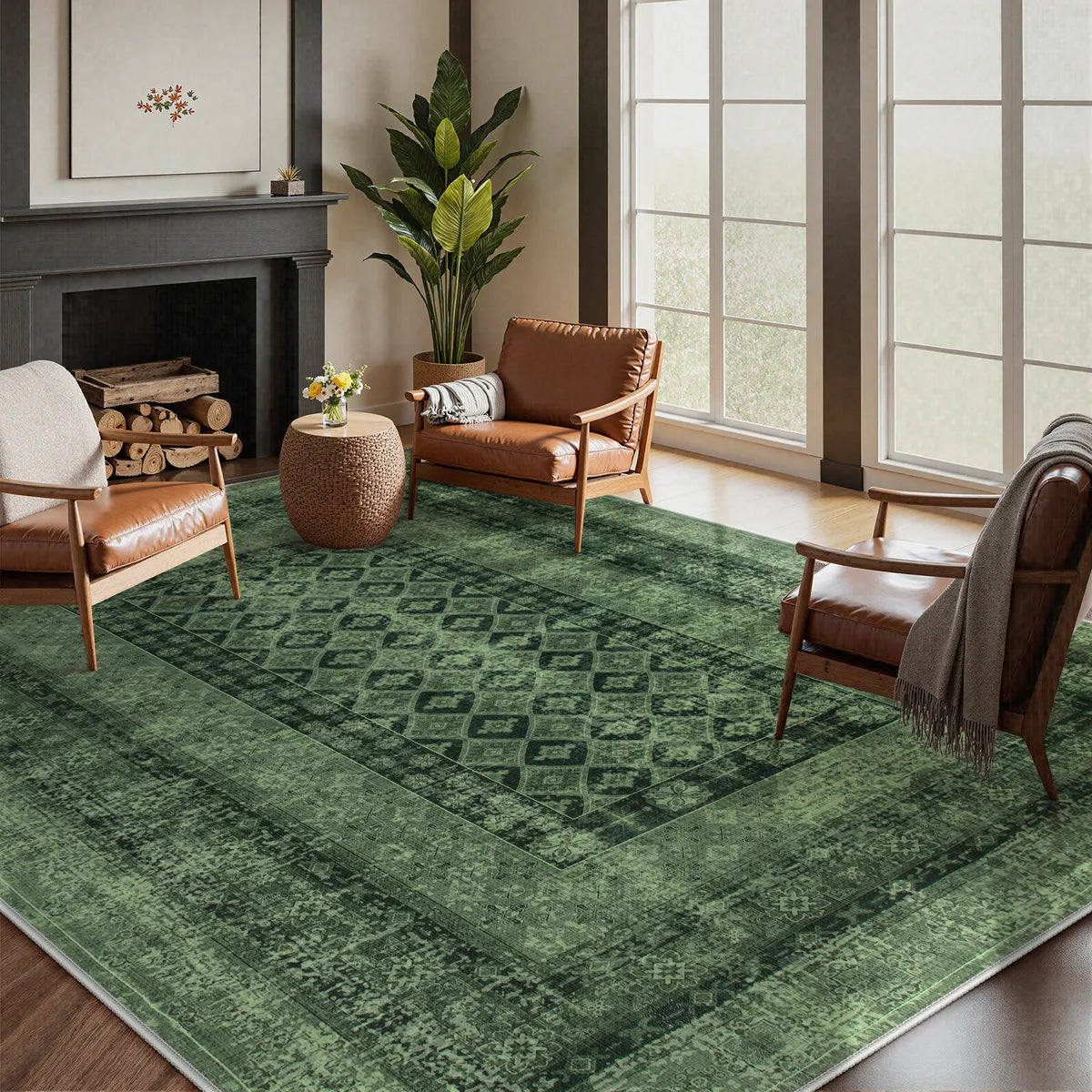 Daisy Washable Vintage Farmhouse Distressed Green Rug Area Rugs Lahome