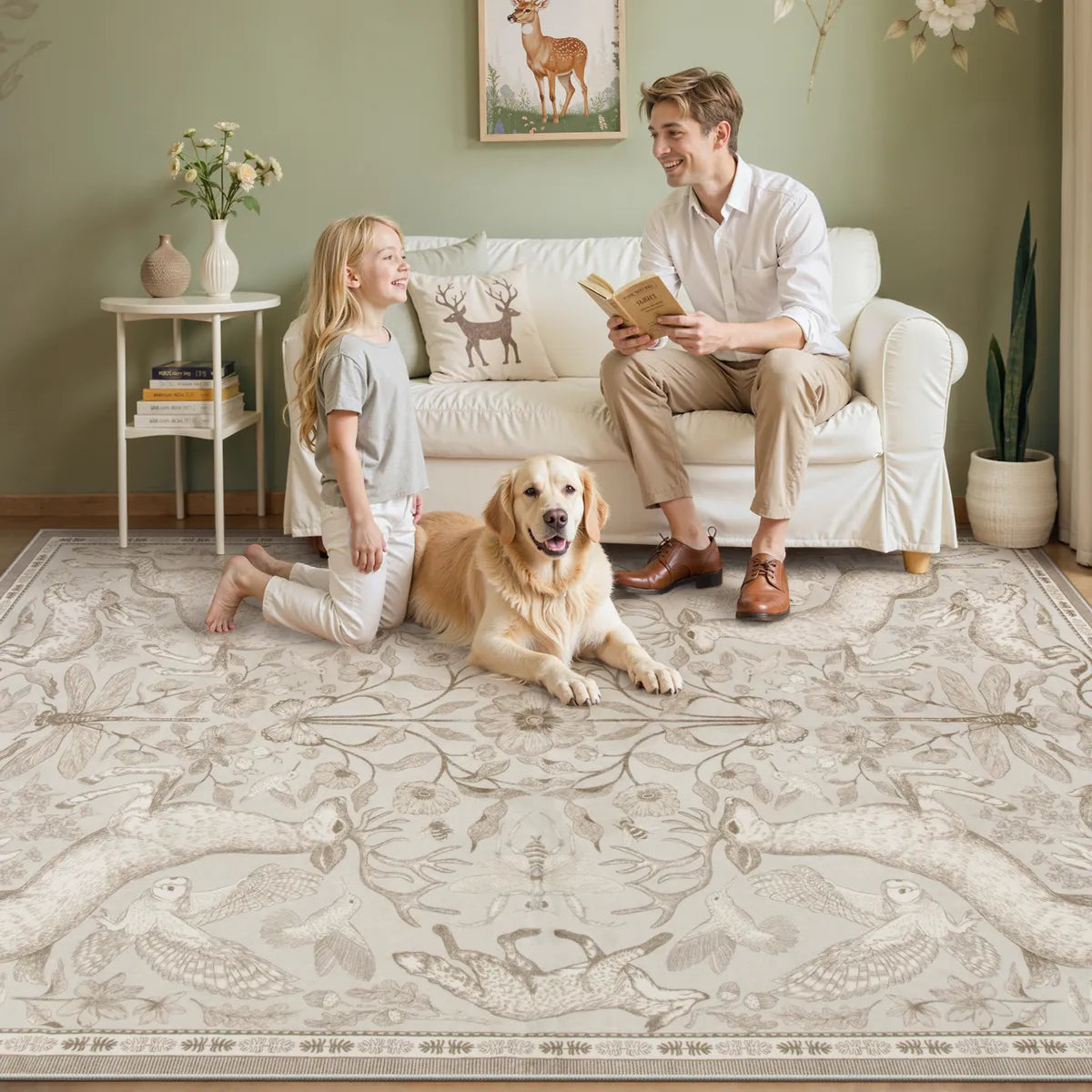 Dorval Washable Vintage Woodland Beige Rug Area Rugs Lahome