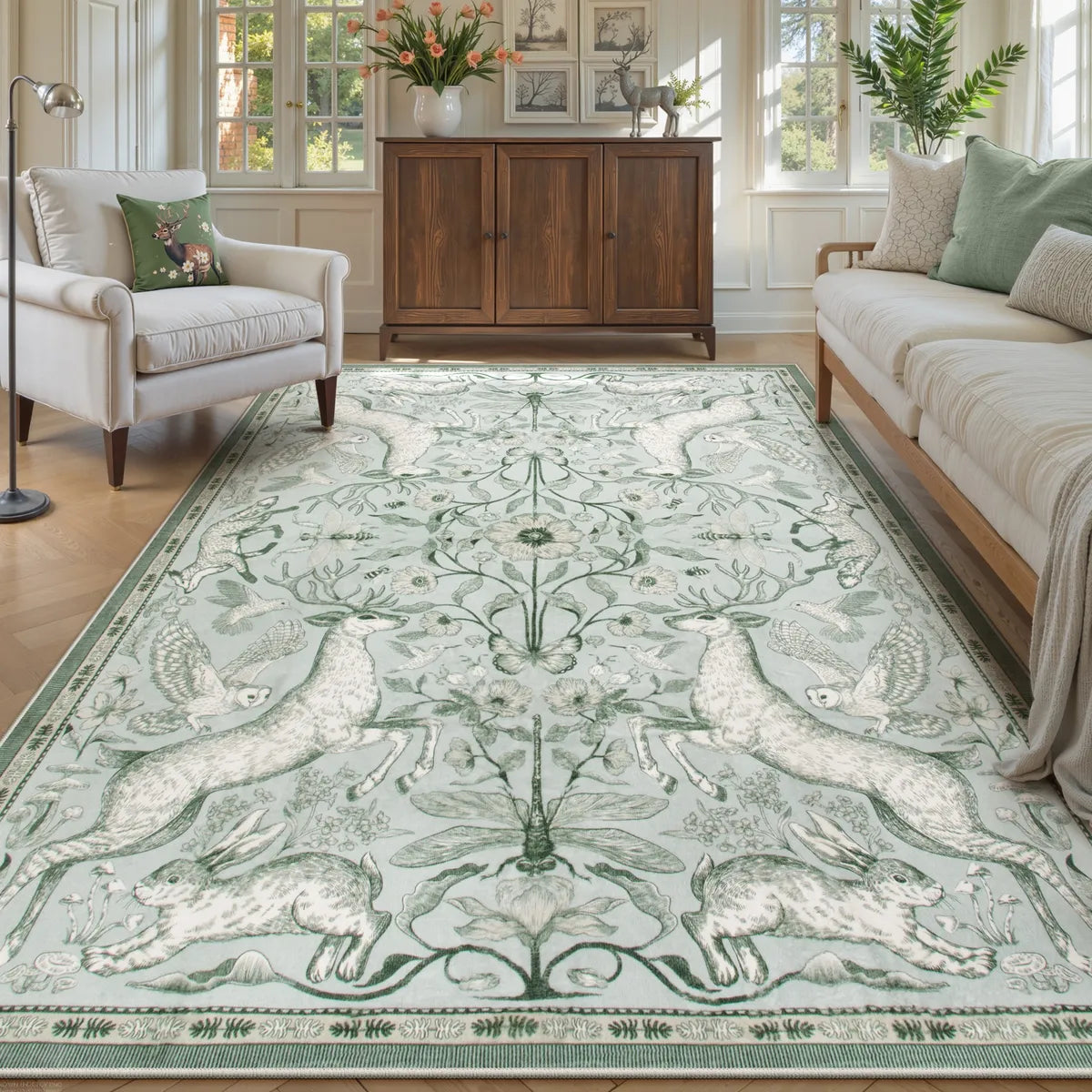 Dorval Washable Vintage Woodland Sage Green Rug Area Rugs Lahome 6' x 9'