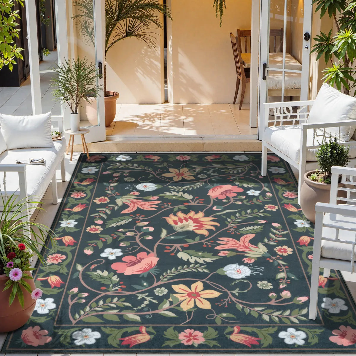 Fleurie Washable Boho Floral Charcoal Indoor/Outdoor Area Rug Area Rugs Lahome 6' x 9'