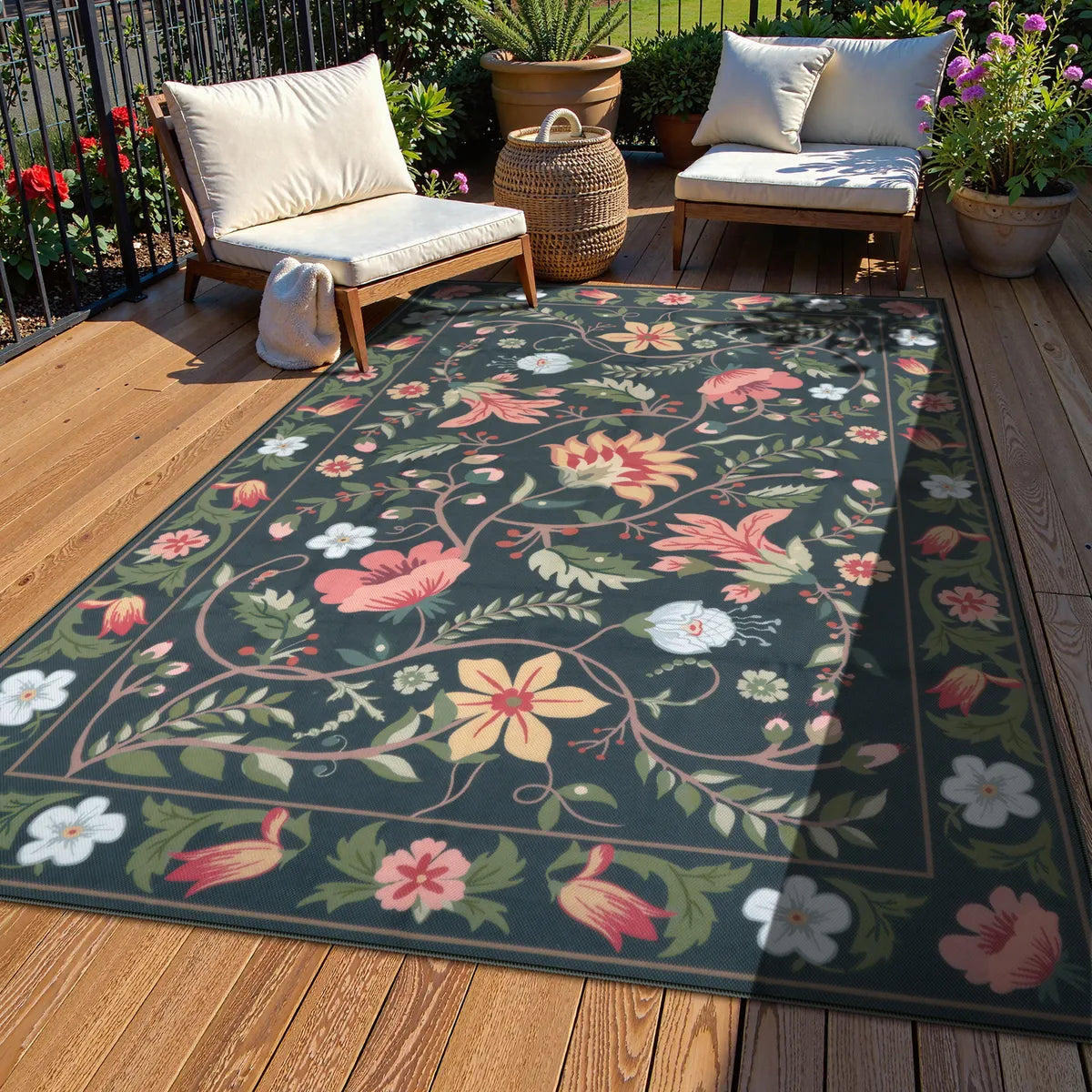 Fleurie Washable Boho Floral Charcoal Indoor/Outdoor Area Rug Area Rugs Lahome