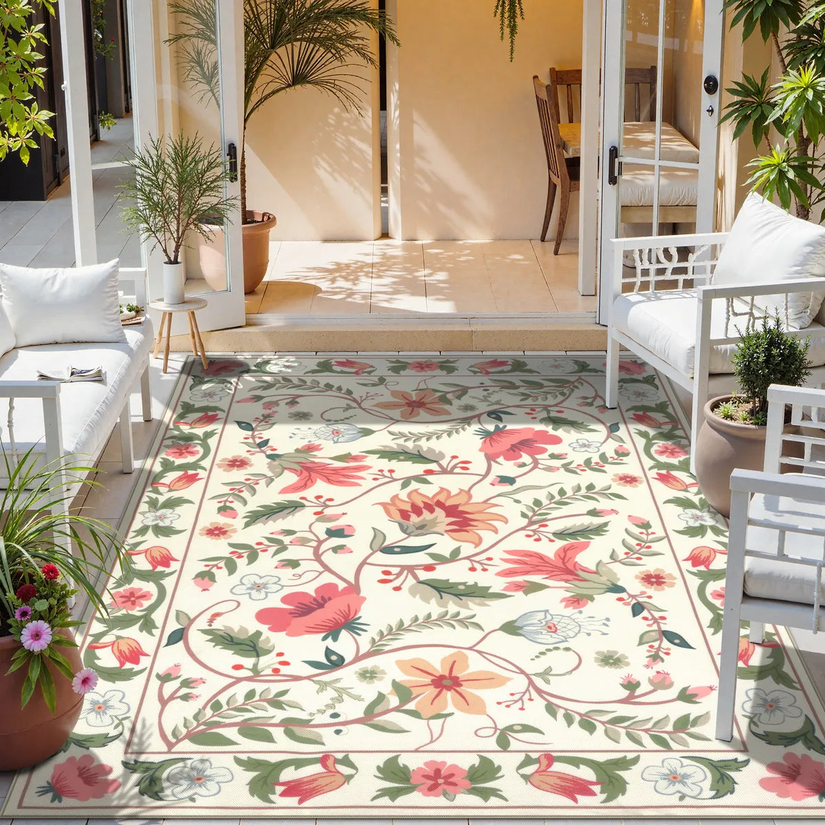 Fleurie Washable Boho Floral Cream Indoor/Outdoor Area Rug Area Rugs Lahome 6' x 9'