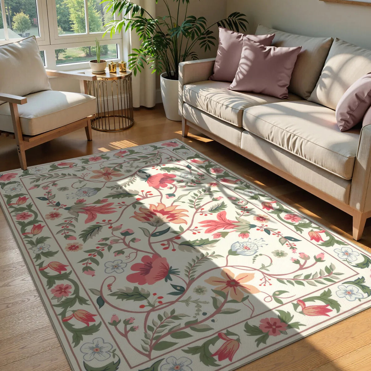 Fleurie Washable Boho Floral Cream Indoor/Outdoor Area Rug Area Rugs Lahome