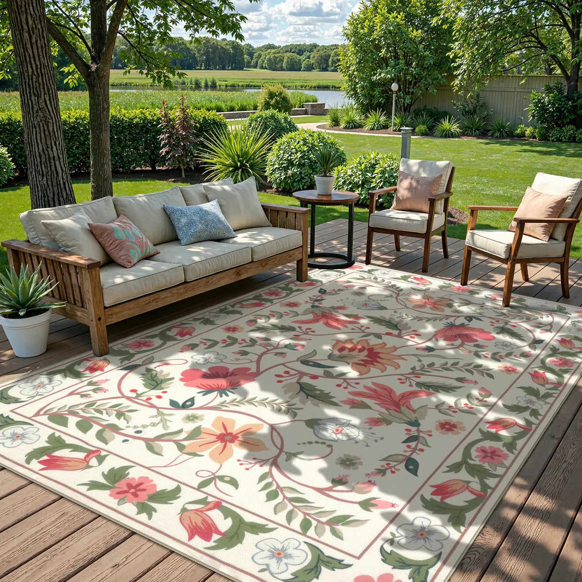 Fleurie Washable Boho Floral Cream Indoor/Outdoor Area Rug Area Rugs Lahome