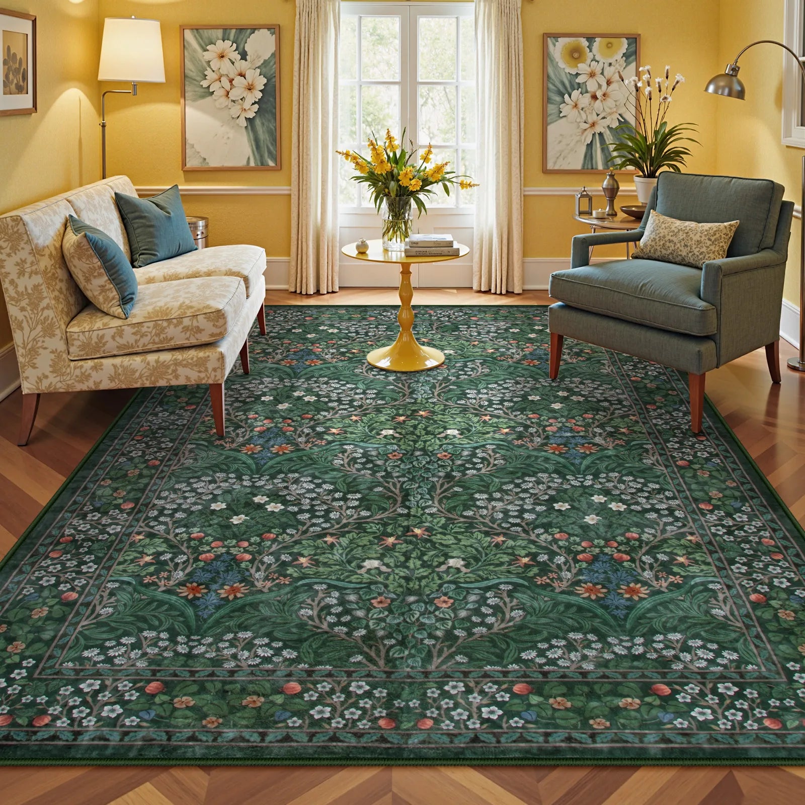 Giverny Washable Maximalism Vintage French Floral Dark Green Rug Rugs Lahome 6' x 9'