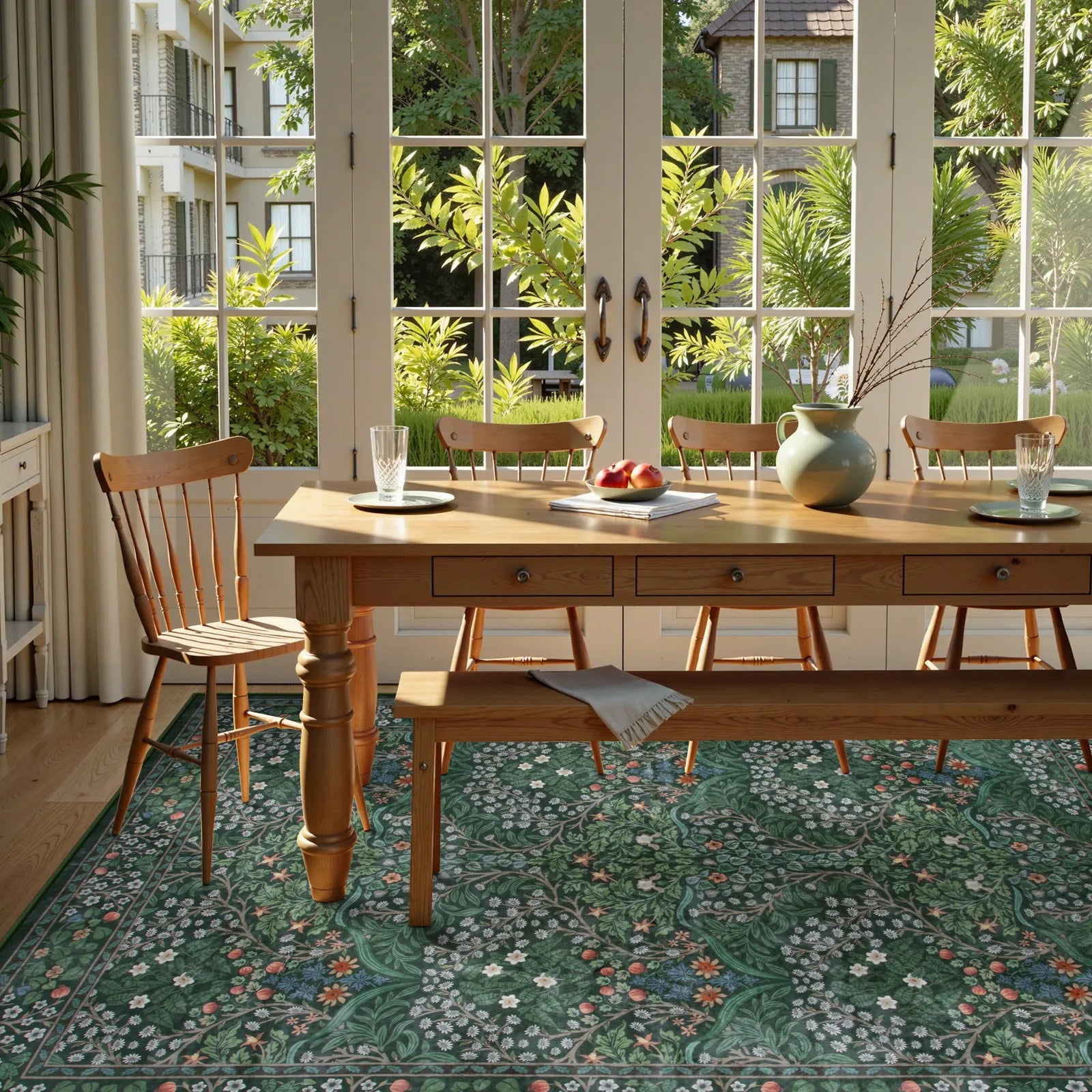 Giverny Washable Maximalism Vintage French Floral Dark Green Rug Rugs Lahome