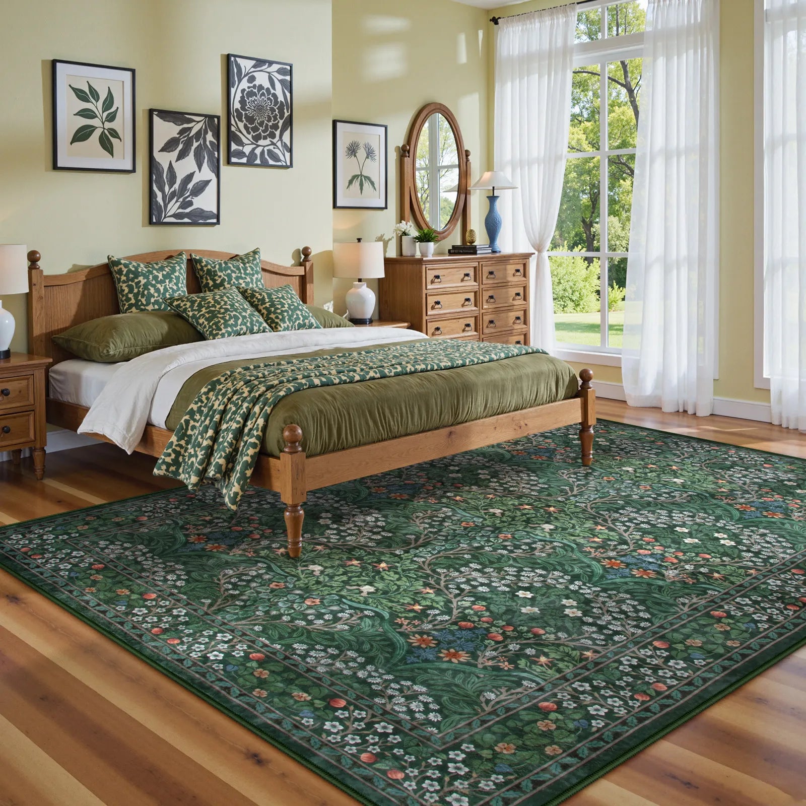 Giverny Washable Maximalism Vintage French Floral Dark Green Rug Rugs Lahome