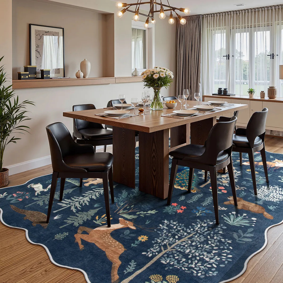 Javelle Washable Jungle Animal Fauves Scalloped Blue Rug Area Rugs Lahome 6' x 9'