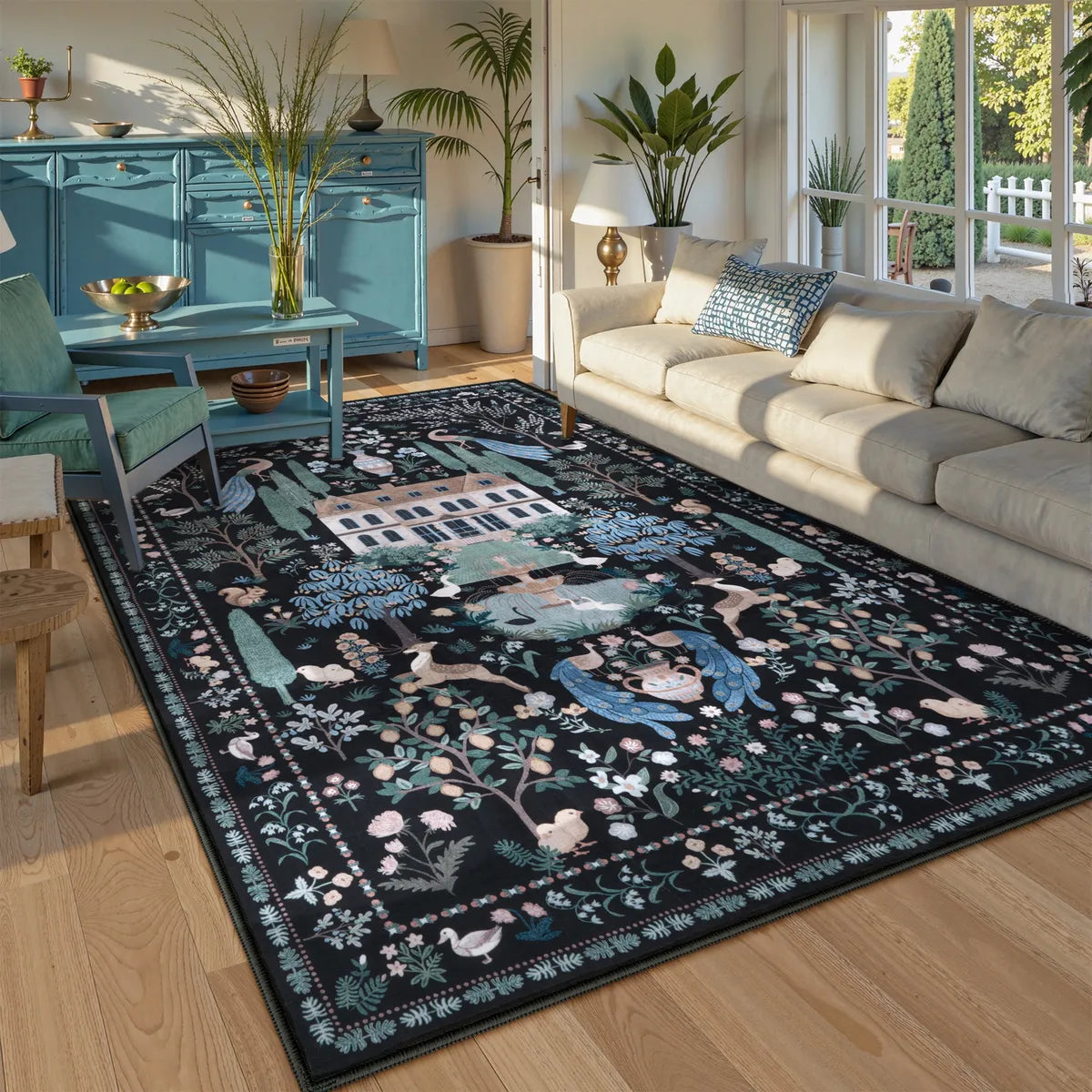 Maison Washable French Manor Floral Black Area Rug Area Rugs Lahome 6' x 9'
