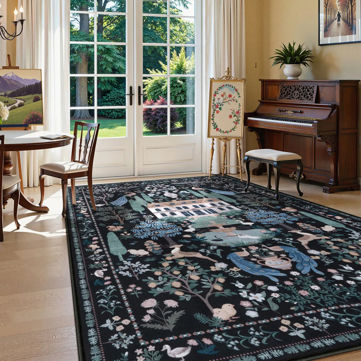 Maison Washable French Manor Floral Black Area Rug Area Rugs Lahome