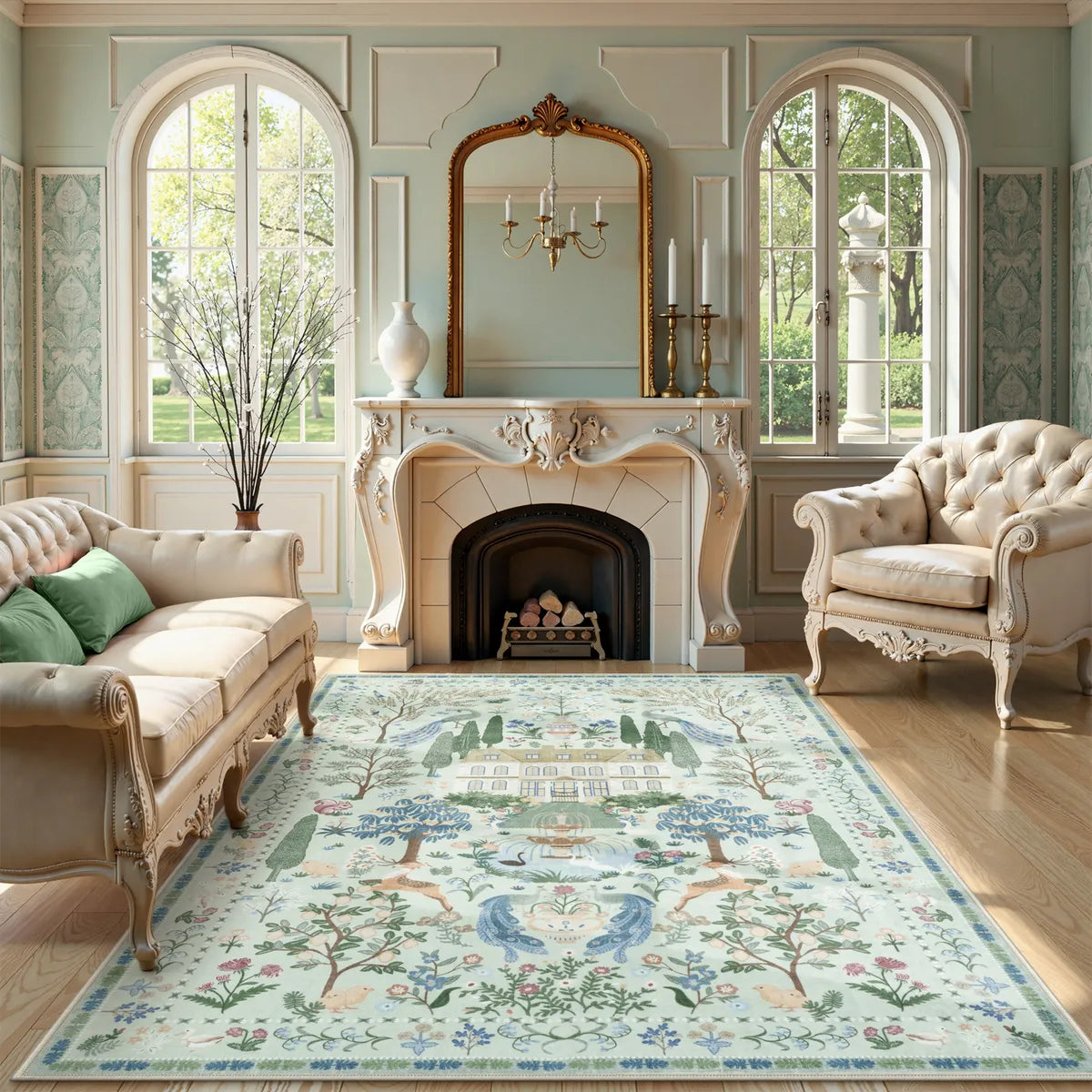 Maison Washable French Manor Floral Green Area Rug Area Rugs Lahome 6' x 9'