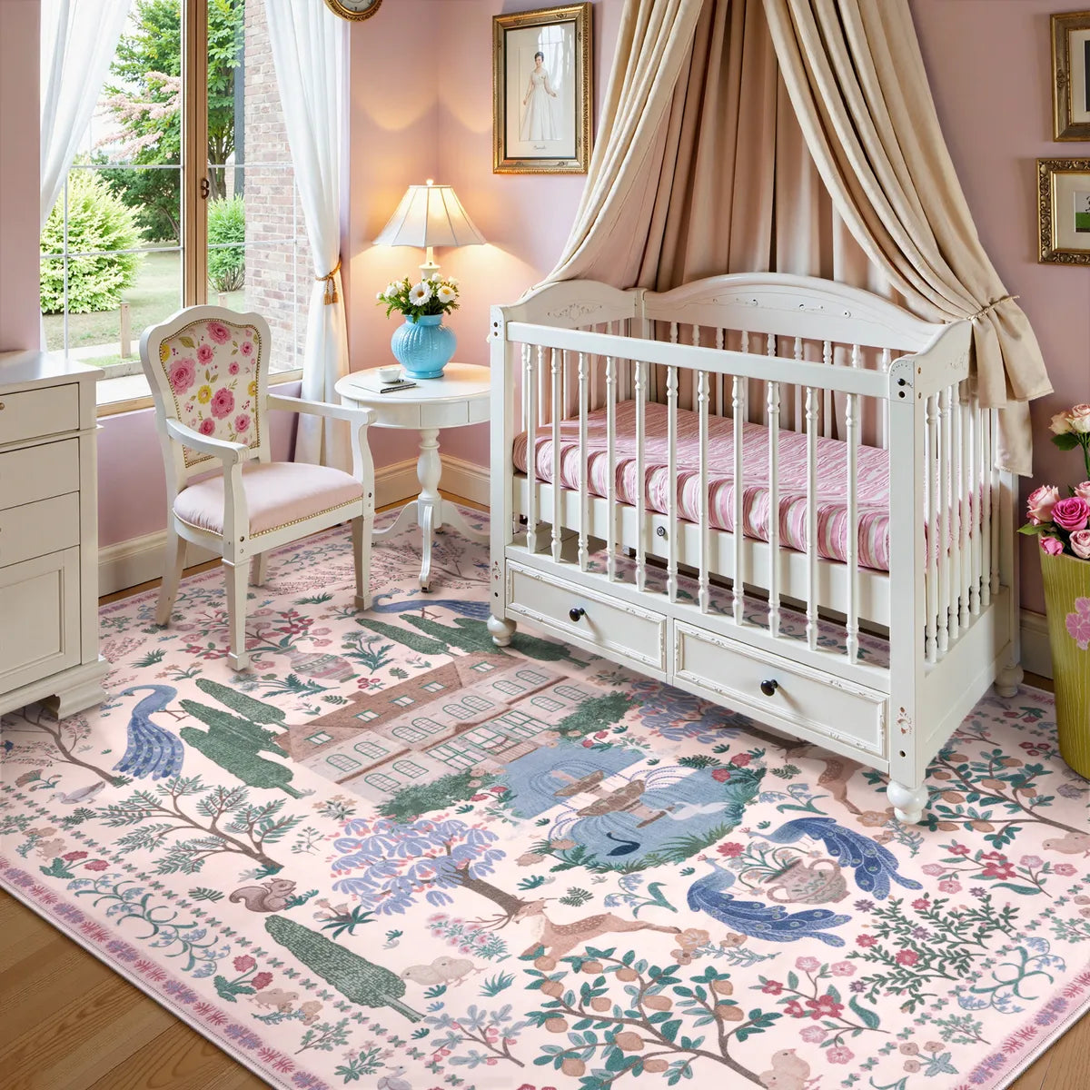 Maison Washable French Manor Floral Pink Area Rug Area Rugs Lahome 6' x 9'
