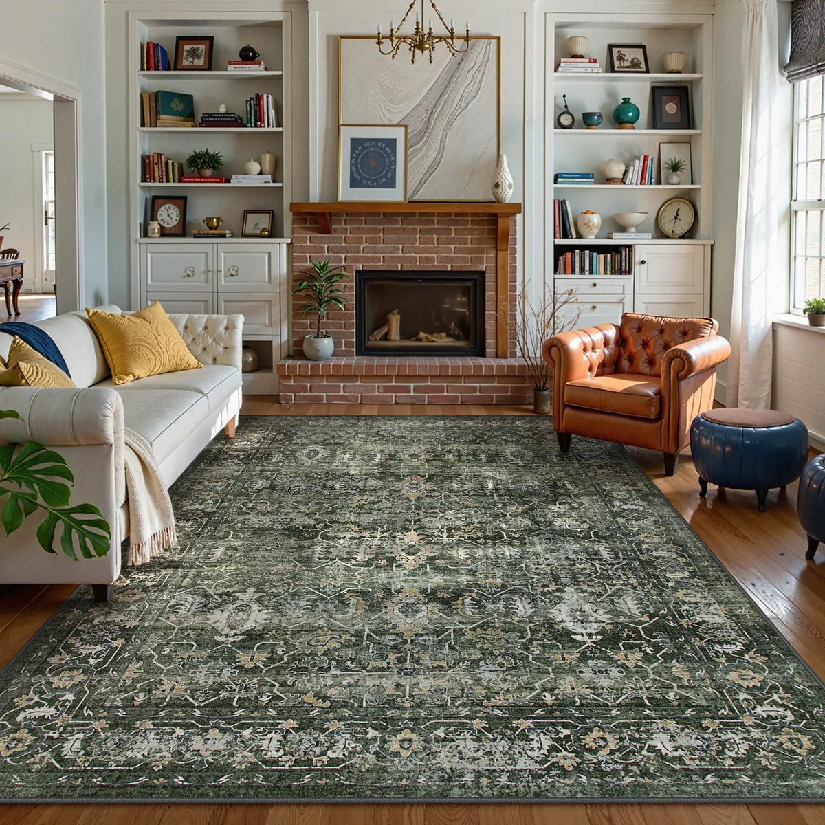 Margot Washable Vintage Distressed Dark Green Rug Area Rugs Lahome