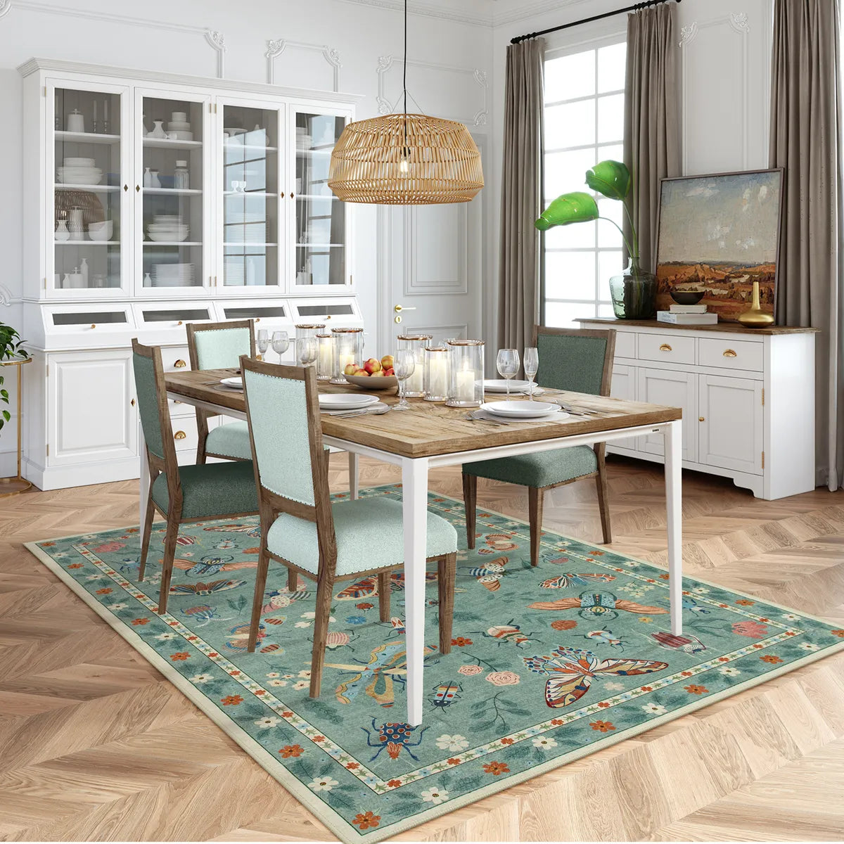 Vionnet Washable Modern Parisian Insect Light Green Rug Area Rugs Lahome