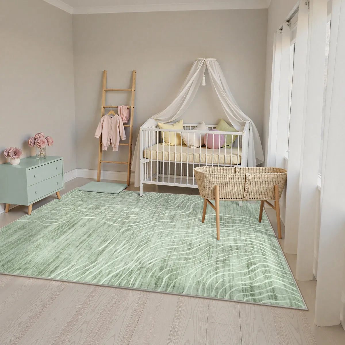 6' x 9' Lahome Washable Abstract Terrain Green Area Rug for living room.